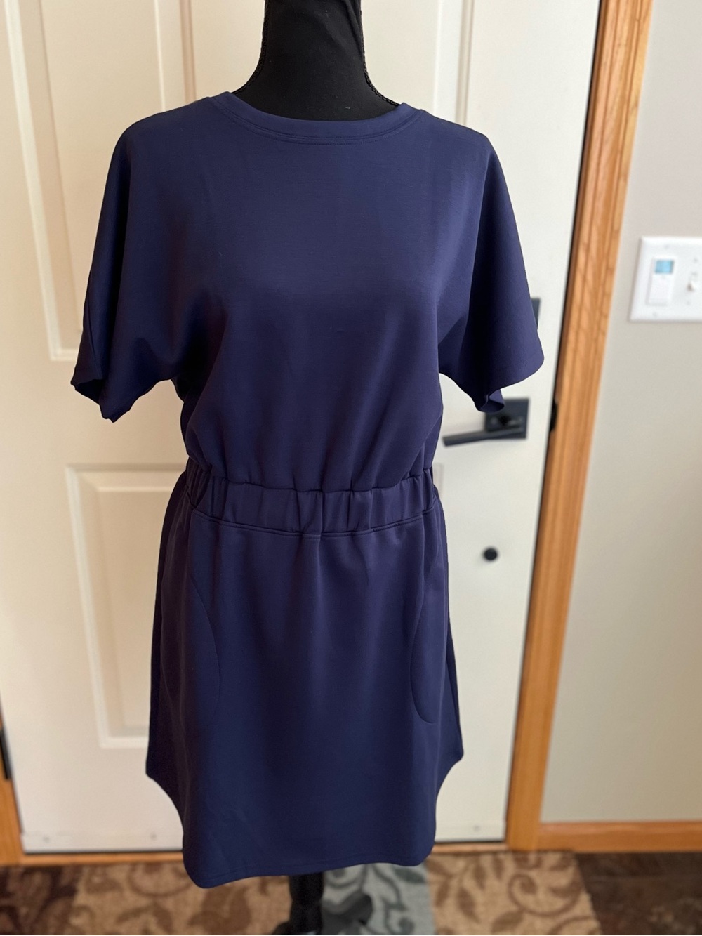 New Anrabess blue crew neck short sleeve pockets t shirt mini  dress large